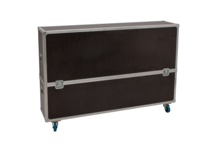 Estojo rígido castanho escuro com bordas metálicas prateadas e rodas azuis