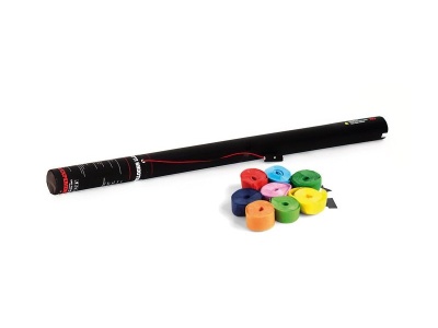 Tubo preto cilíndrico com vários rolos de fita adesiva colorida ao lado