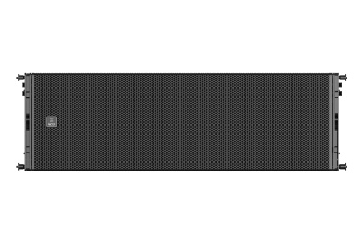 Coluna de som profissional preta com grelha metálica perfurada