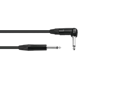 Cabo de áudio preto com conectores jack 6,35 mm, um reto e outro angular