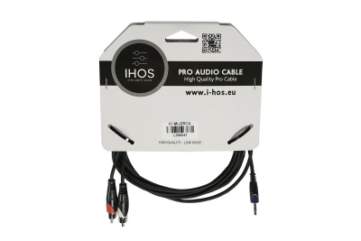 Cabo de áudio profissional IHOS com conetores RCA e jack 6,35 mm embalado em cartão branco