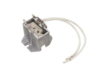 Reator para lâmpada fluorescente com fios brancos e estrutura metálica