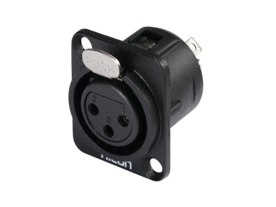 Conector XLR feminino preto com botão PUSH