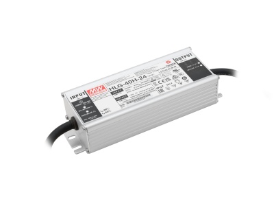 Transformador eletrónico MEAN WELL HLG-40H-24 com caixa metálica prateada e cabos pretos