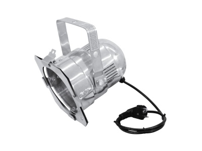 Projetor de luz cênica metálico prateado com suporte ajustável e cabo elétrico preto.