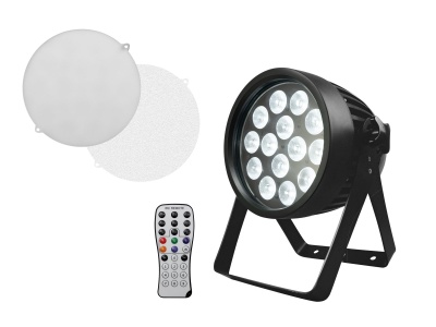 Refletor LED preto com controle remoto e duas tampas difusoras brancas.