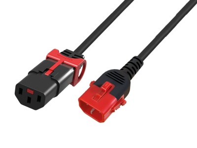 Cabo elétrico com conectores pretos e vermelhos e fio preto