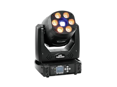 Luz LED de palco preta com LEDs amarelos e visor digital