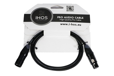 Cabo de áudio profissional preto com conexão XLR e embalagem de cartão com texto