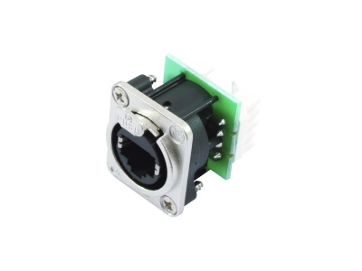 Conector fêmea RJ45 com suporte metálico e placa de circuito verde