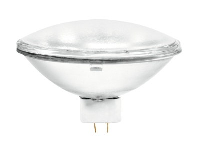 Lâmpada halógena redonda de vidro transparente com base branca e dois pinos metálicos