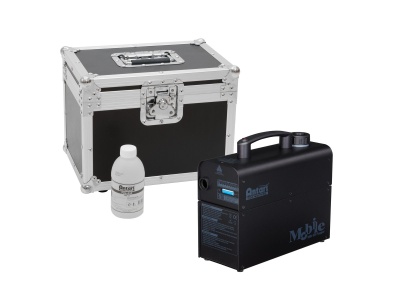 Máquina de névoa móvel preta, garrafa branca e caixa preta metálica