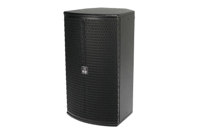 Coluna de som preta com grelha hexagonal e logótipo HK