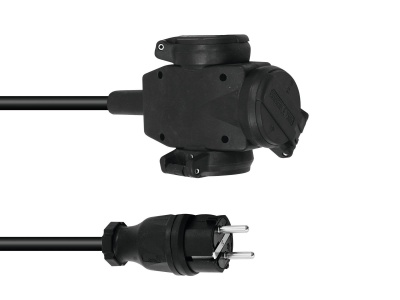 Tomada elétrica trifásica preta com cabo e ficha macho