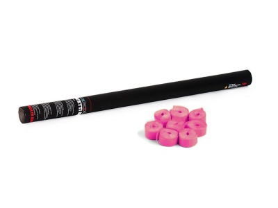 Tubo preto com texto e oito rolos rosa de cordão em fundo branco