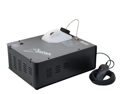 Máquina de fumaça preta com pega branca e cabo com botão