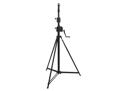 Tripé de suporte preto com manivela e pernas abertas em fundo branco