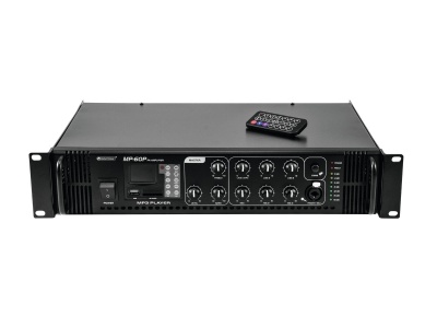 Amplificador de som preto com botões de controlo e ecrã digital