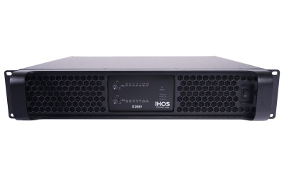 Amplificador de potência IHOS D2500 preto com visor digital e painel ventilado.