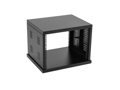 Estrutura metálica preta para rack com ventilação e suportes perfurados