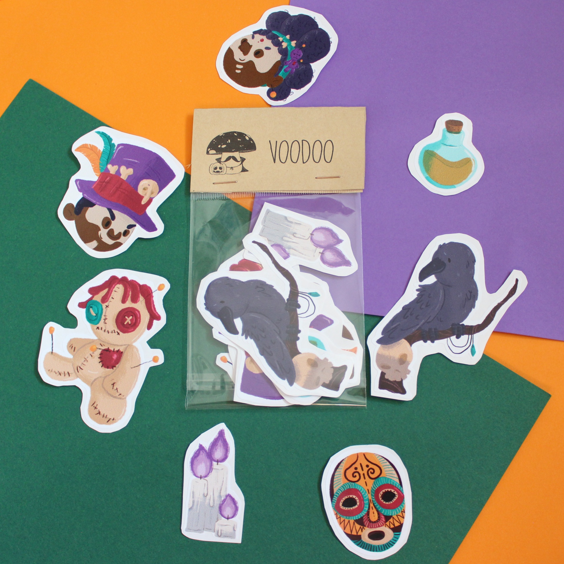 Autocolantes temáticos de voodoo em várias cores com embalagem e fundo colorido
