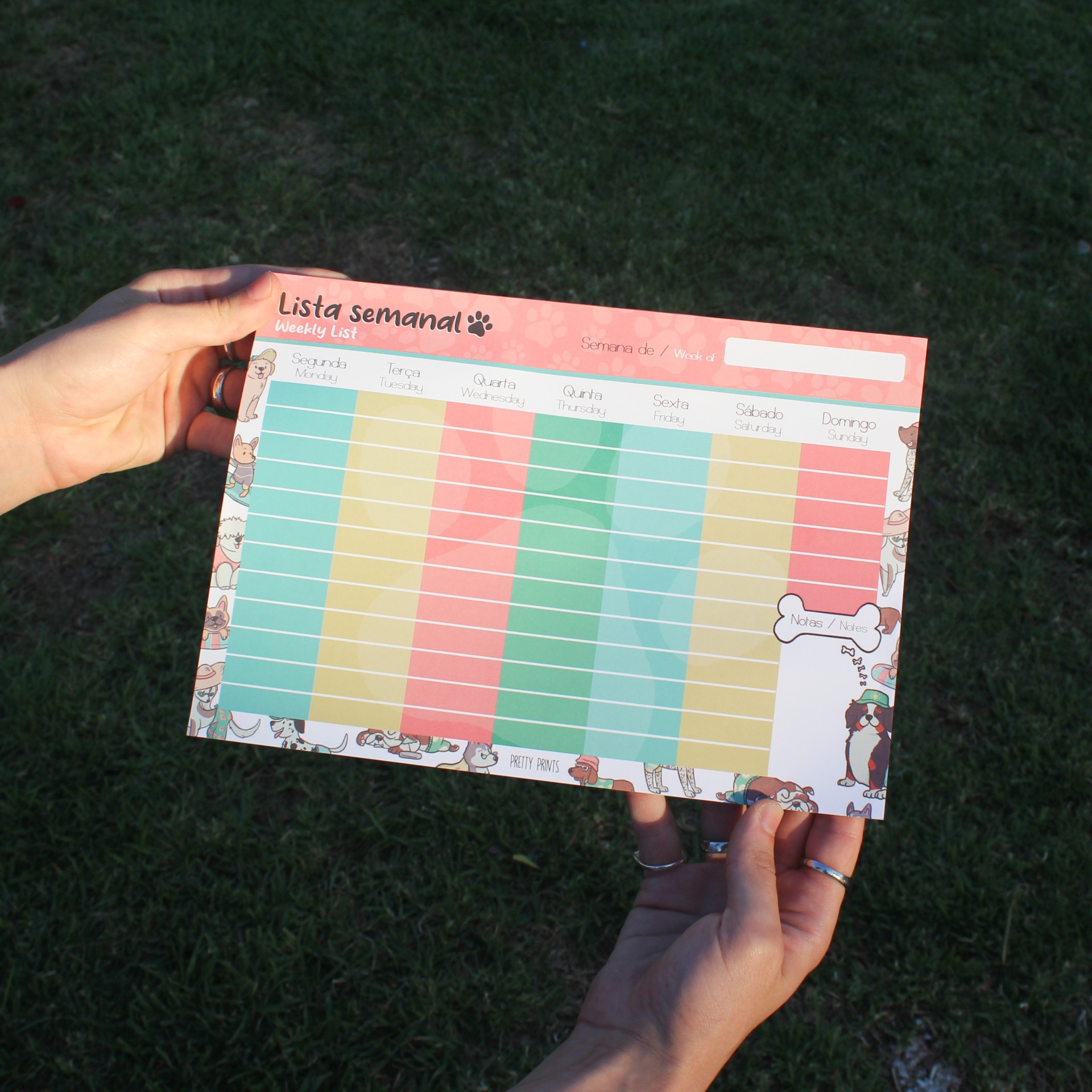 Bloco de lista semanal colorido e ilustrado com cães segurado por duas mãos sobre relvado