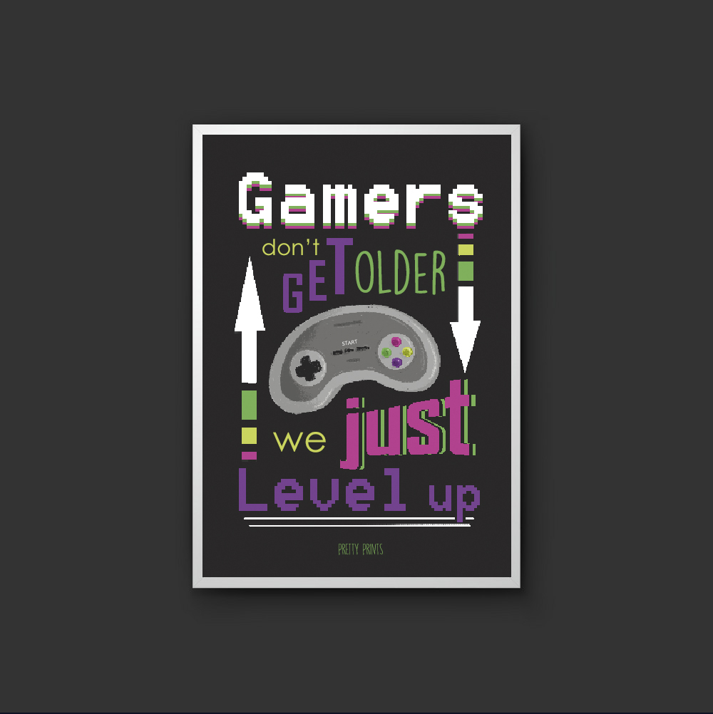 Pôster preto com comando de videojogo e texto colorido motivational para gamers