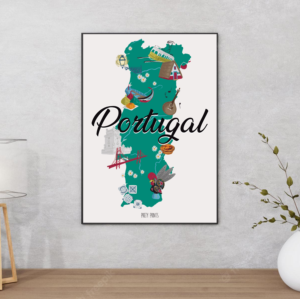 Pôster decorativo com mapa de Portugal ilustrado com ícones culturais e texto Portugal