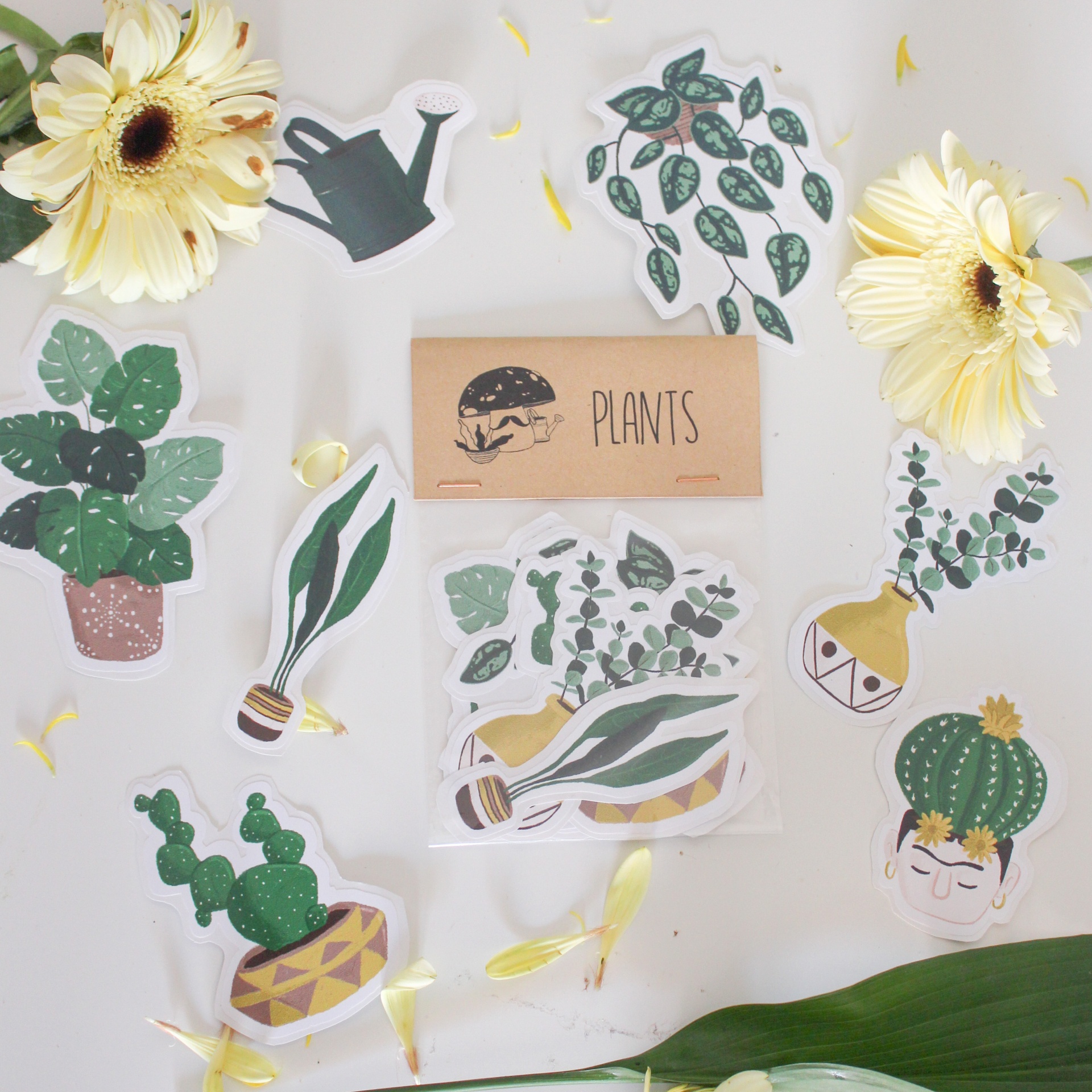 Adesivos coloridos de plantas e vasos com flores ao redor