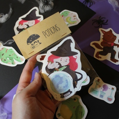 Pacote de autocolantes de Halloween com personagens de bruxa e objetos de laboratório