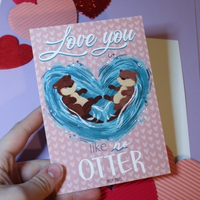 Cartão rosa com corações, texto 