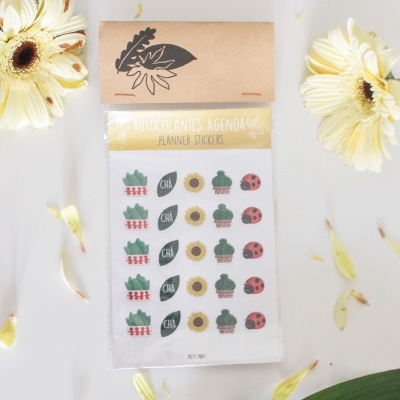 Pacote de autocolantes para agenda com desenhos variados e cabeçalho castanho decorado com folhas pretas