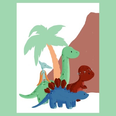 Ilustração de dinossauros e palmeira sobre fundo branco e verde