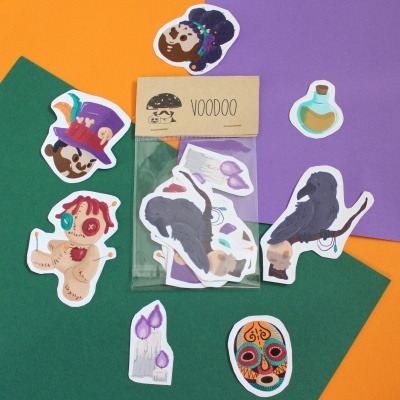 Autocolantes temáticos de voodoo em várias cores com embalagem e fundo colorido