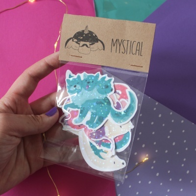 Pacote de autocolantes de gato de três cabeças azul e dragão branco com etiqueta MYSTICAL