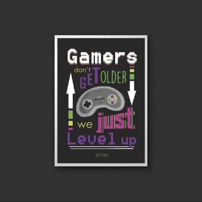 Pôster preto com comando de videojogo e texto colorido motivational para gamers