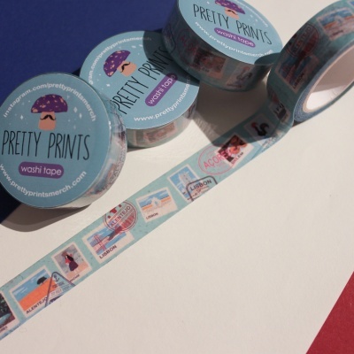 Fita washi azul com padrões de carimbos de viagem, rolos de fita Pretty Prints