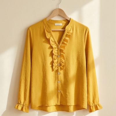 Blusa feminina amarela com babados e botões pendurada num cabide de madeira