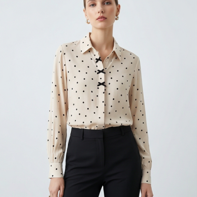 Camisa bege com bolinhas pretas e laços pretos na frente usada com calças pretas