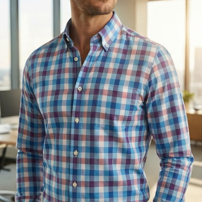 Camisa de homem xadrez azul, roxo e rosa com botões, em escritório