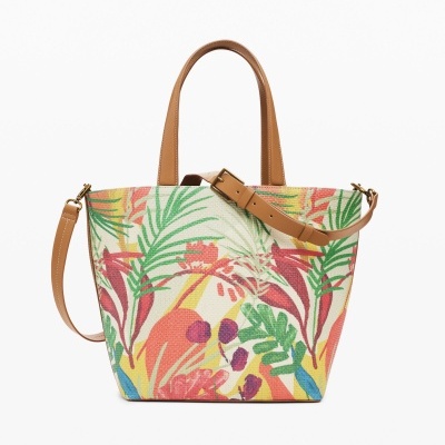 Mala de mão floral com alças de couro castanho claro e alça ajustável