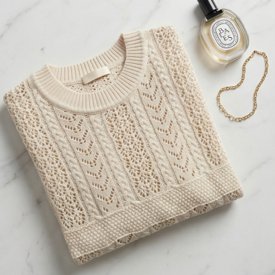 Camisola creme de malha com padrão rendado, perfume BAIES e colar dourado sobre fundo mármore branco