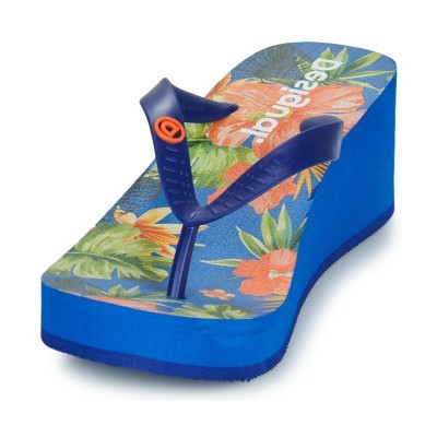 Chinelo de cunha azul com padrão floral e tira gatinho azul escuro