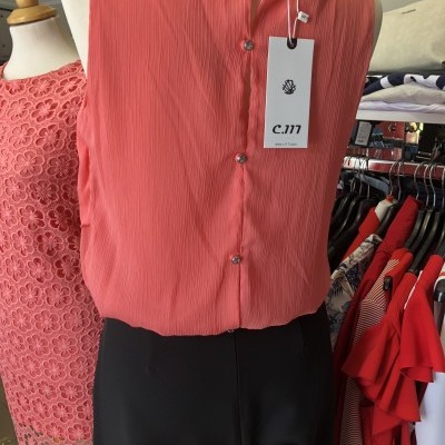 Blusa cor de coral com botões atrás em manequim, etiqueta 'C.177 modelo de luxo', loja de roupas ao fundo