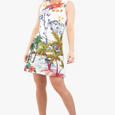 Vestido curto tropical sem mangas com palmeiras e flores coloridas