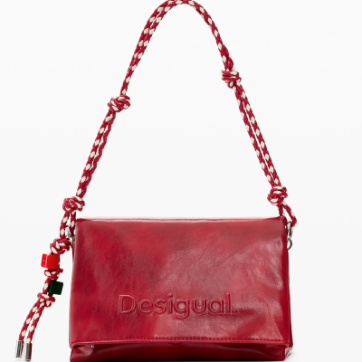 Mala de mão vermelha em pele sintética com alça trançada e nome Desigual em relevo