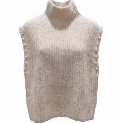 Pullover bege sem mangas com gola alta e pérolas nas laterais
