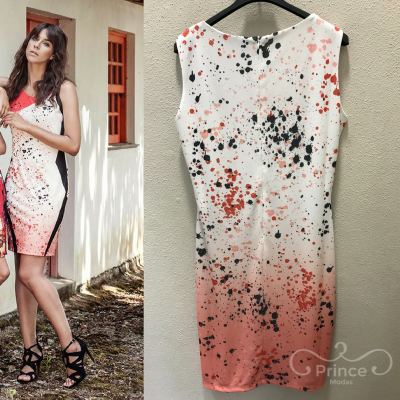 Vestido feminino justo branco com manchas pretas e rosa