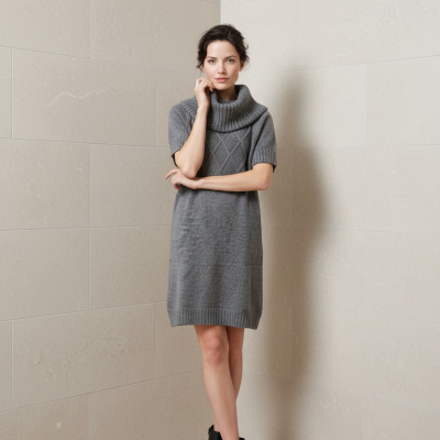 Mulher vestindo vestido cinza de malha com gola rolê e botas pretas, encostada em parede de azulejo bege.