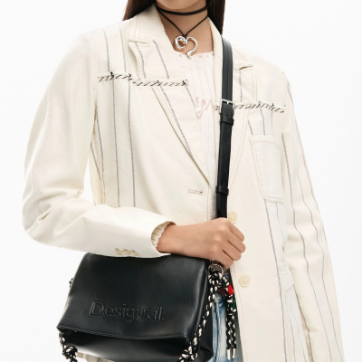 Saco preto de pele sintética com logo Desigual e alça trançada